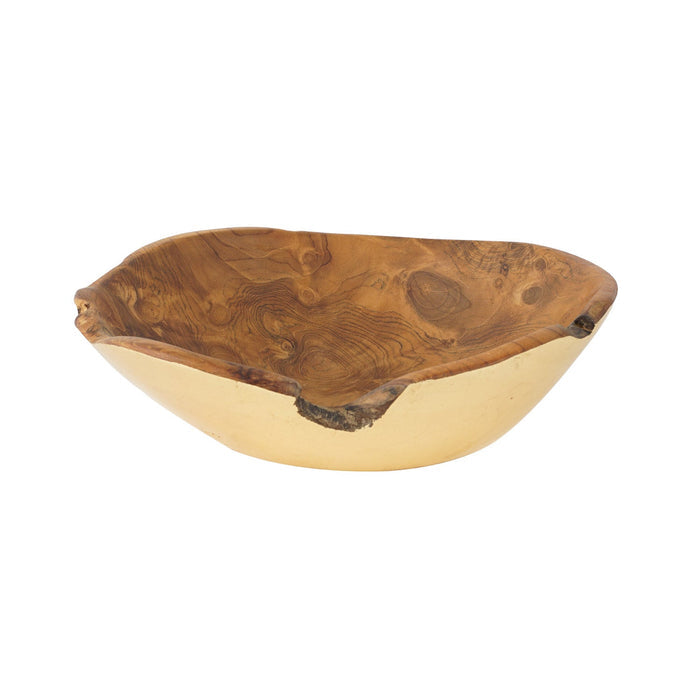 Front view of Rico & Plato umbria teak salad fruit bowl with gold leaf exterior displayed on a white background