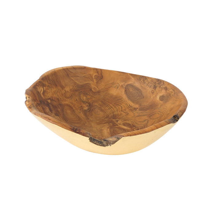 Side view of Rico & Plato umbria teak salad fruit bowl with gold leaf exterior displayed on a white background