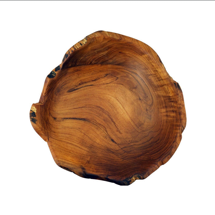 Top view of a teak salad fruit bowl on a white background