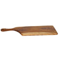 Side view of teak cutting board with handle displayed on a white background