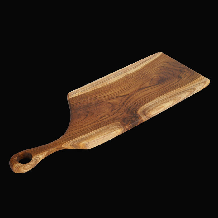 Teak cutting board with handle displayed on a black background