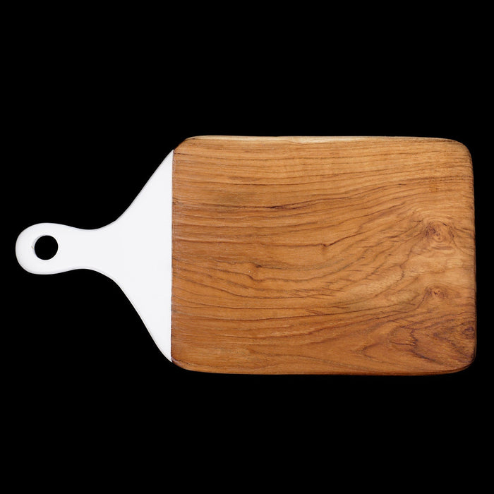 Square teak cutting board/serving platter with white handle displayed horizontally on a black background