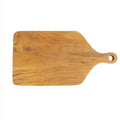 Top view of squared shaped teak cutting board with handle displayed horizontally on a white background