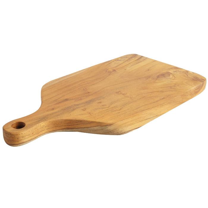Teak cutting board with handle displayed on a white background