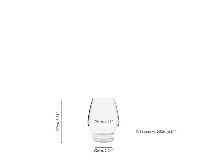 Clear glass with dimensions and capacity details on a white background