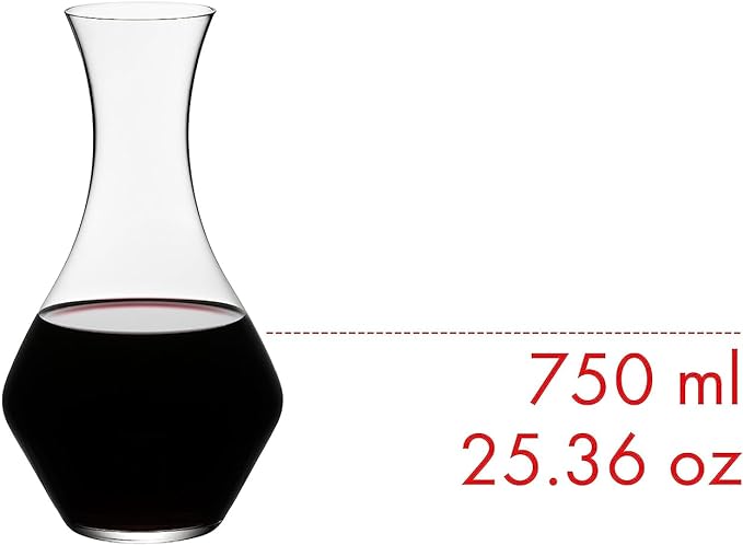 Riedel cabernet decanter with red wine inside with volume on a white background