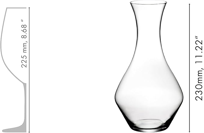Riedel cabernet decanter with dimensions compared to a wine glass's dimensions on a white background