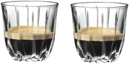 A set of two clear Riedel coffee glasses with a flared design, shown filled with coffee.