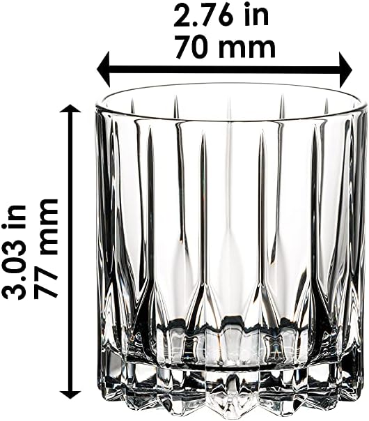 Riedel neat glass with dimensions on a white background