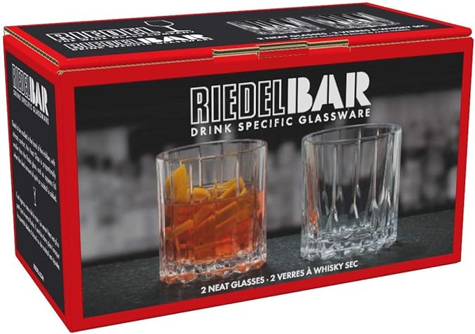 Set of two Riedel neat glasses on a white background