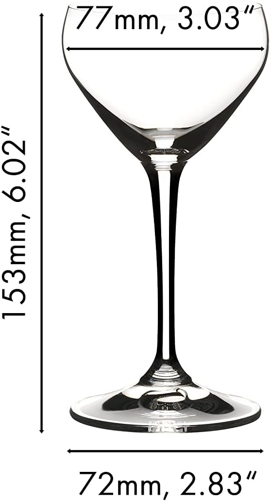 Riedel drink specific glassware Nick & Nora cocktail glass with dimensions on a white background