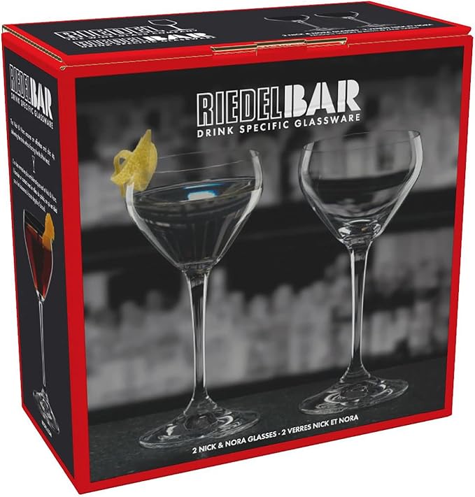 Riedel drink specific glassware of set of two Nick & Nora glasses packaging on a white background