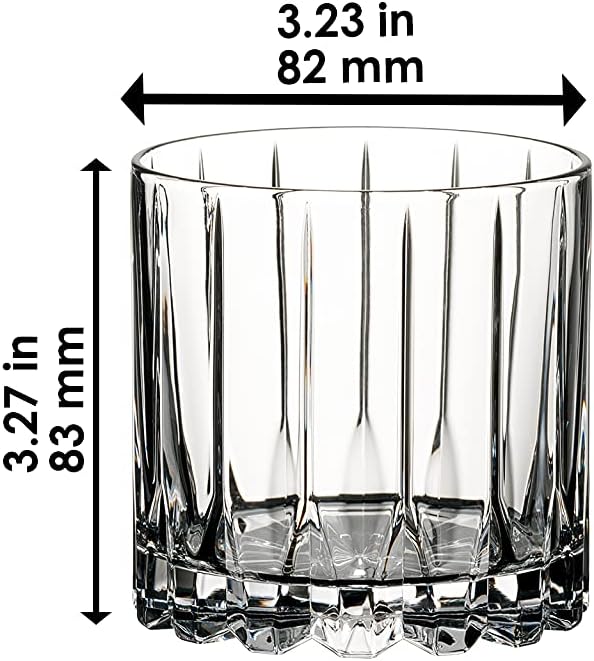 Riedel rocks glass with dimensions on a white background