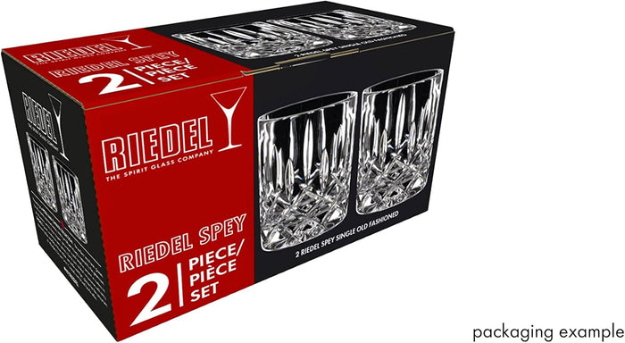 Set of two  of clear, crystal RIEDEL Spey Double Old Fashioned glasses with a geometric pattern packaging on a white background