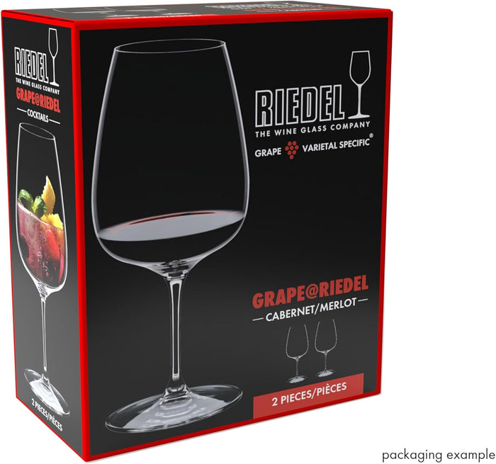 Riedel wine glass packaging with a glass of red wine on a black background