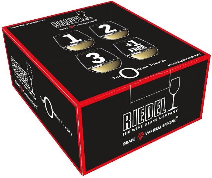 Set of four of Riedel o wine tumbler viognier chardonnay packaging on a white background