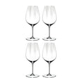 Set of four Riedel performance cabernet merlot glasses on a white background