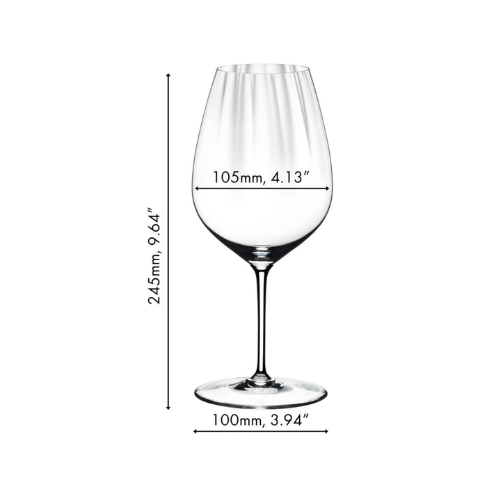 Riedel performance cabernet merlot glass with dimensions on a white background