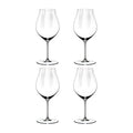 A set of four clear RIEDEL Performance Pinot Noir wine glasses, displayed against a white background.