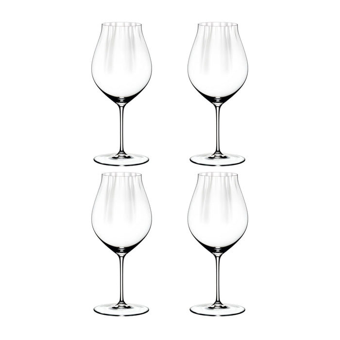 A set of four clear RIEDEL Performance Pinot Noir wine glasses, displayed against a white background.