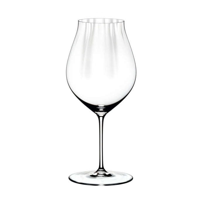 Riedel performance pinot noir glass on a white background