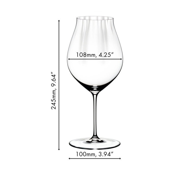 Riedel performance pinot noir glass with dimensions on a white background
