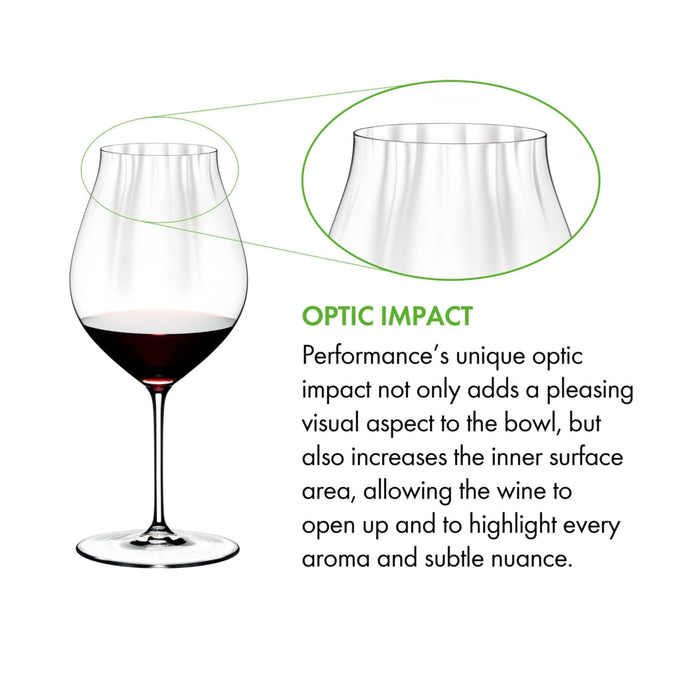 Riedel performance pinot noir glass with red wine inside and a description of the glass's optic impact on a white background