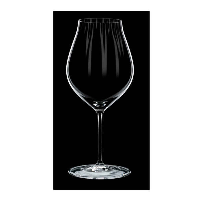 Riedel performance pinot noir glass on a black and white background