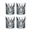 A set of four clear, crystal RIEDEL Spey Double Old Fashioned glasses with a geometric pattern.