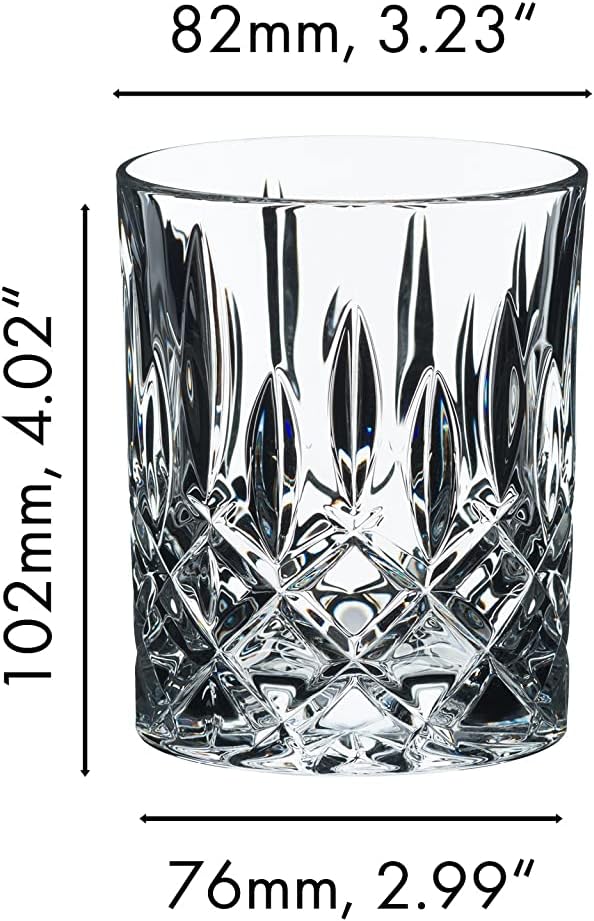 Riedel fine crystal tumbler spey whisky glass with dimensions on a white background