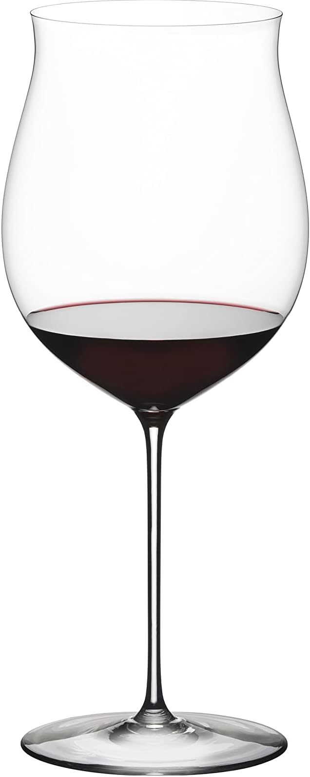Riedel Superleggero Burgundy Grand wine glass with red wine inside on a white background