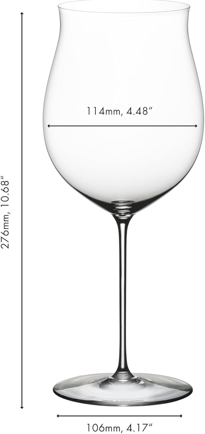 Riedel Superleggero Burgundy Grand wine glass with dimensions on a white background