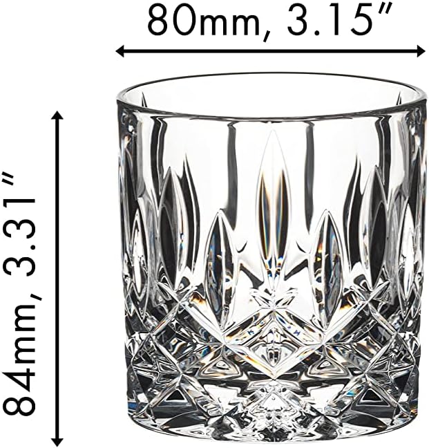 Riedel tumbler spey old fashioned with dimensions on a white background