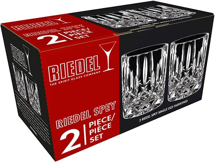 Package for Riedel Spey 2 piece old fashioned glasses on a white background