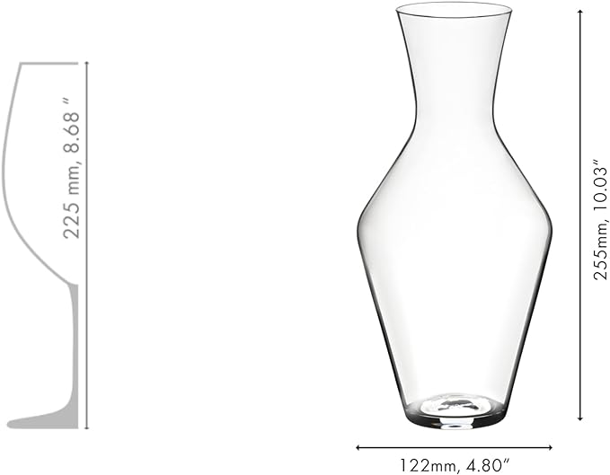 Riedel veloce decanter with dimensions compared to a wine glass's dimensions on a white background