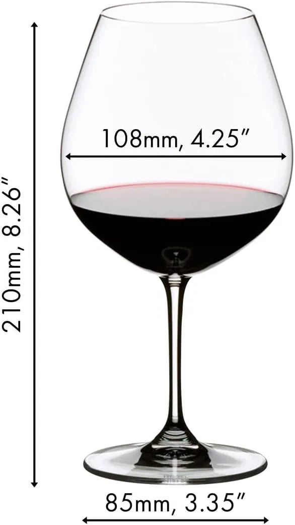 A clear wine glass with red wine, shown with dimension labels for height, bowl width, and base width on a white background.