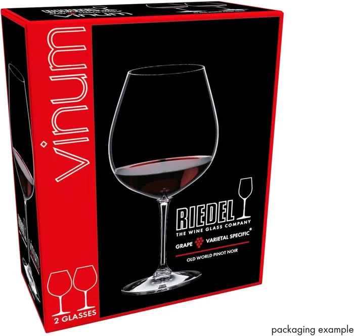 Riedel Vinum Grape Varietal Specific wine glass in its retail packaging, showing a large glass of red wine on a black and red box.
