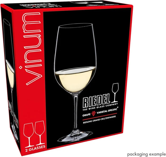 Riedel wine glass packaging with a glass of white wine inside