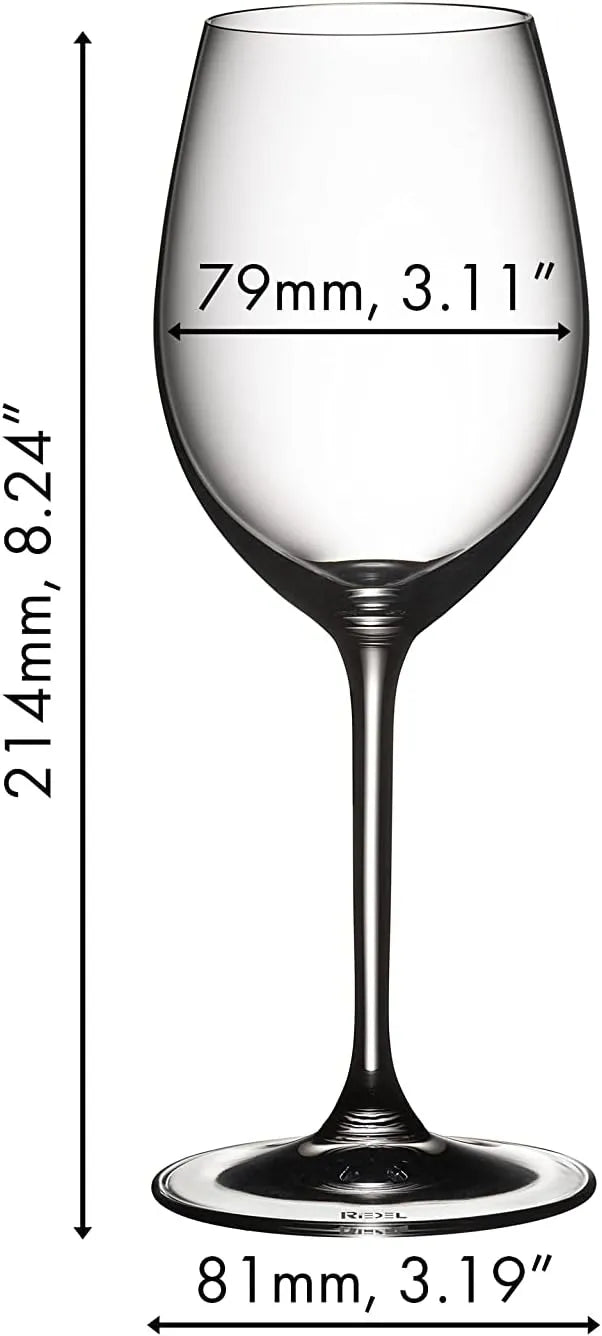 Wine glass with measurements indicated on a white background
