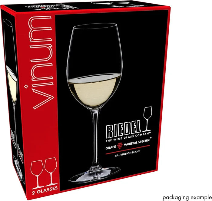Riedel Vinum Graph Varietal Specific wine glass packaging box, featuring a black and red design with a graphic of a white wine glass on the front.