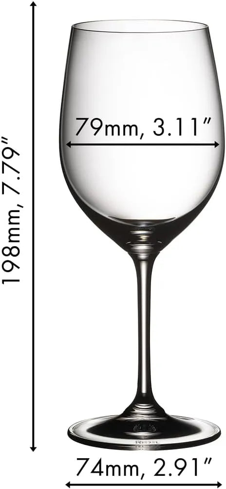 Wine glass with dimensions labeled on a white background