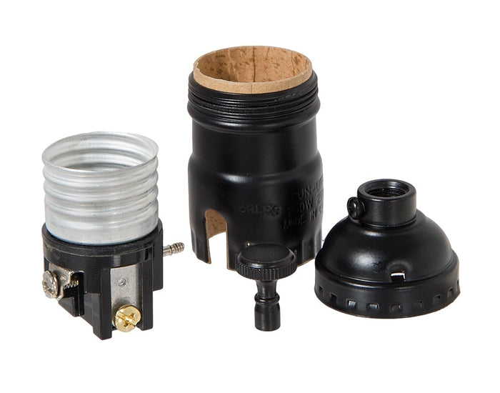 Satin Black Finish E-26 3-Way Brass Knob Lamp Socket,  UNO Threads