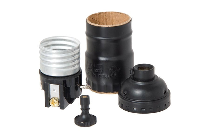 Satin Black Finish E-26 Brass 3-Way Turn Knob Shell Lamp Socket, No UNO Thread