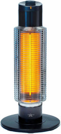 A tall cylindrical electric heater with a ribbed clear glass body showing a glowing orange-yellow filament, topped with a black cap and mounted on a round black base against a white background.
