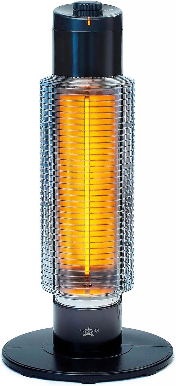A tall cylindrical electric heater with a ribbed clear glass body showing a glowing orange-yellow filament, topped with a black cap and mounted on a round black base against a white background.