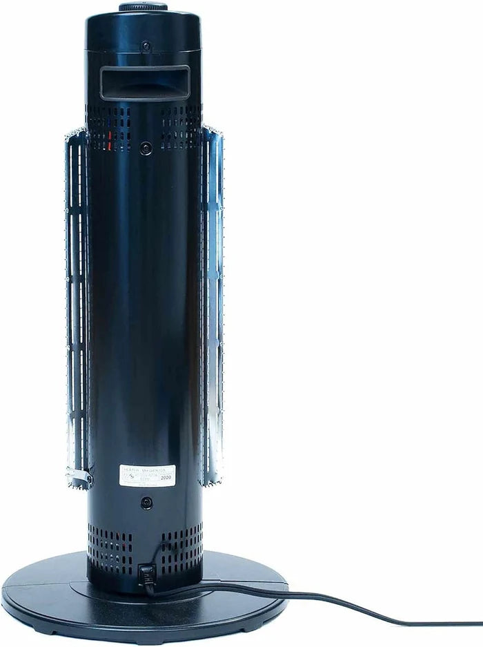 A black cylindrical electric tower heater with vertical cooling fins and a round base, shown from the back on a white background with its power cord visible.