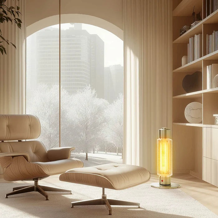 A modern beige lounge chair with a matching ottoman in a warm, sunlit room, with a glowing heater and a large arched window showing a snowy outdoor scene.