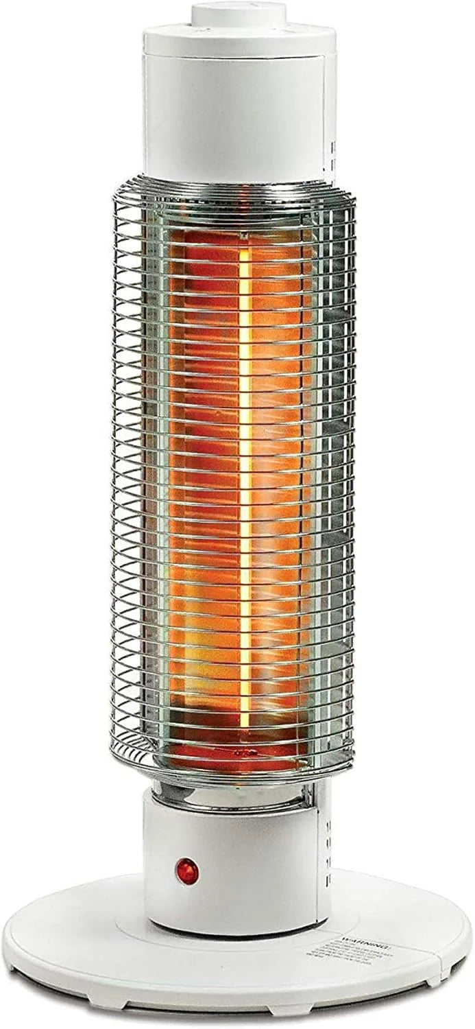A white electric tower heater with a glowing orange and red infrared element inside a protective metal cage, shown on a plain white background.