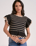 Short Sleeve Ruffle Top Sweater -Black/Natural