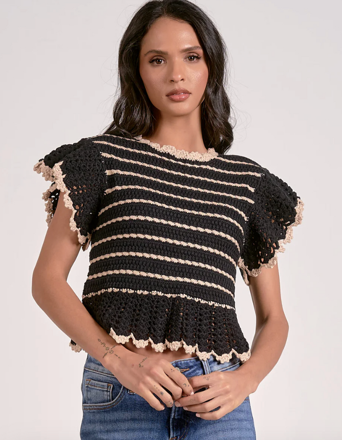 Short Sleeve Ruffle Top Sweater -Black/Natural